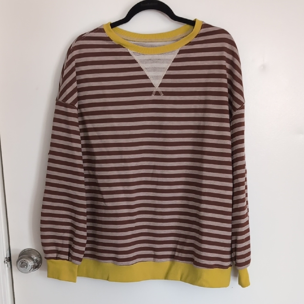 Yellow and Brown Crewneck Sweater with Striped Design